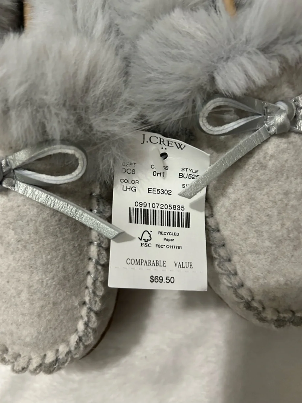 J. Crew Women’s sz 5 Gray Faux-Fur Moccasin Slippers NWT